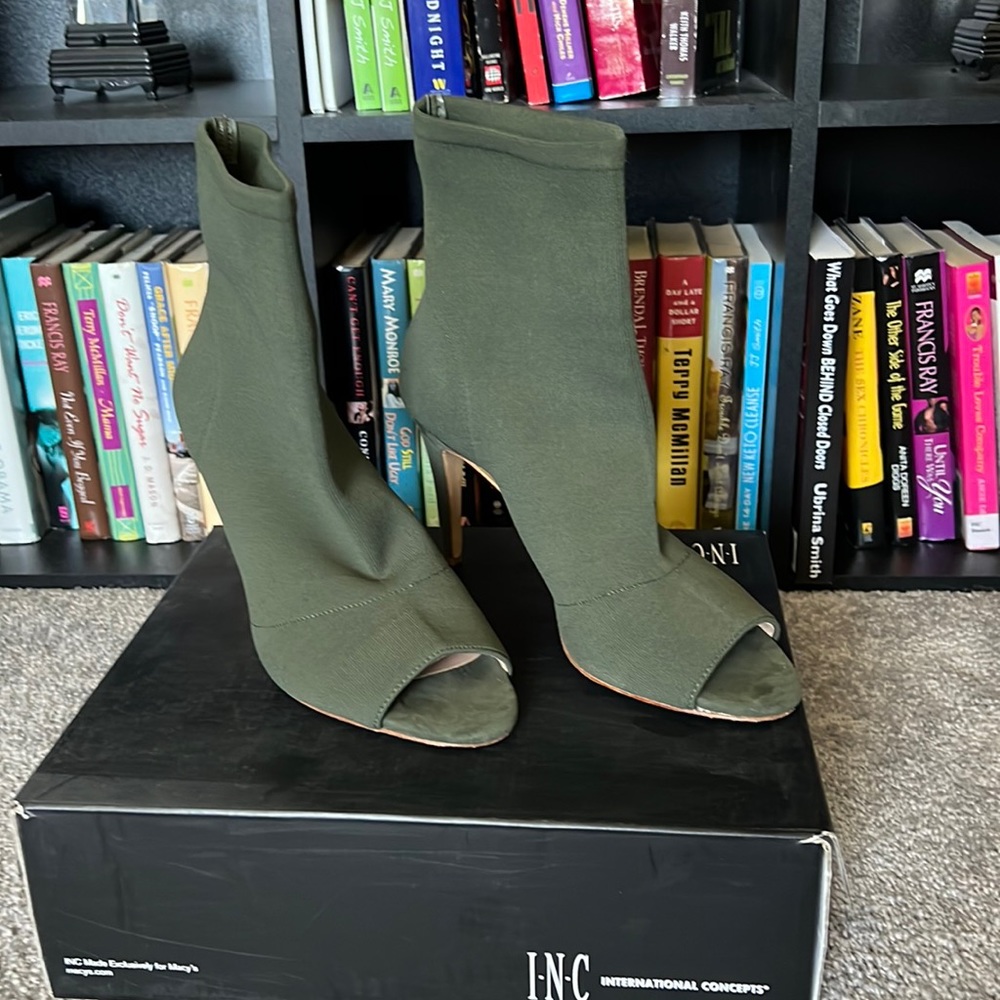 INC Olive Green Bootie, size 11, gently used condition.